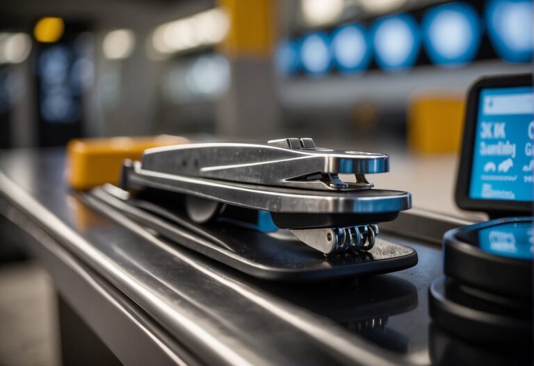 Can You Bring Nail Clippers on a Plane: Nail clippers and manicure tools displayed on a security conveyor belt at an airport checkpoint. TSA guidelines signage in the background