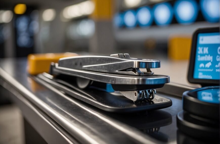 Can You Bring Nail Clippers on a Plane: Nail clippers and manicure tools displayed on a security conveyor belt at an airport checkpoint. TSA guidelines signage in the background