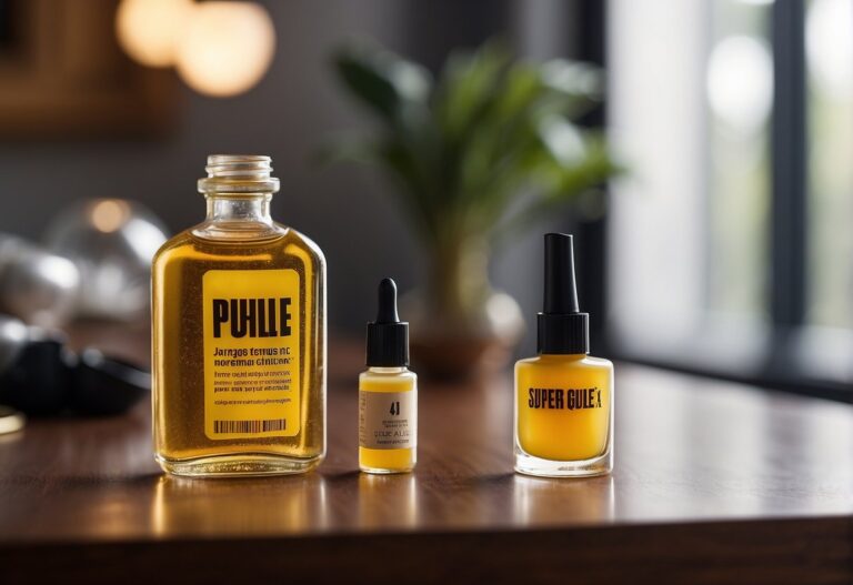 Can You Use Super Glue as Nail Glue: A bottle of super glue sits next to a nail polish bottle, with a question mark hovering above them