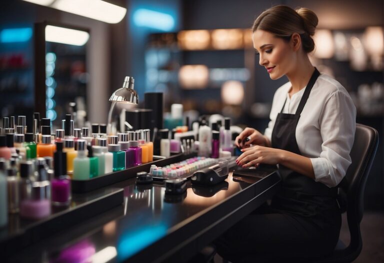 How to Become a Nail Tech: A nail tech working in a modern salon, surrounded by colorful nail polish bottles, tools, and a comfortable, organized workspace