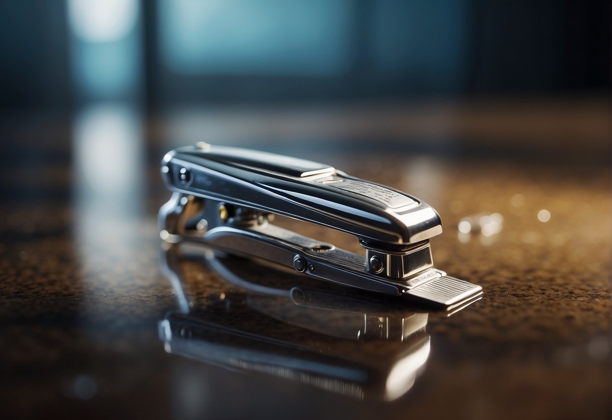 How to Disinfect Nail Clippers: A nail clipper is submerged in a clear disinfectant solution for a few minutes, then removed and placed on a clean, dry surface