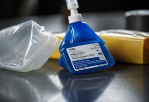 How to Dispose of Nail Polish Remover: A glass bottle of nail polish remover being poured into a sealable plastic bag labeled for hazardous waste disposal