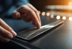 How to File Almond Nails: A nail file and almond-shaped nails on a flat surface. A hand reaches for the file, ready to begin the filing process