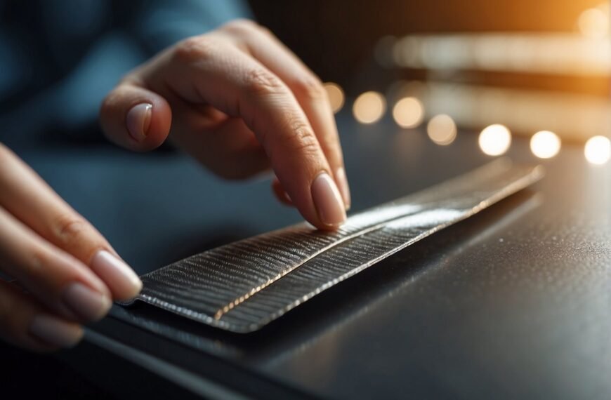 How to File Almond Nails: A nail file and almond-shaped nails on a flat surface. A hand reaches for the file, ready to begin the filing process