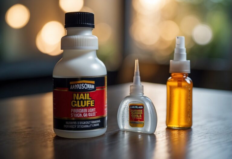 Is Nail Glue the Same as Super Glue: A bottle of nail glue sits next to a bottle of super glue on a table. Both bottles are open, and a few drops of each glue are visible on the surface of the table
