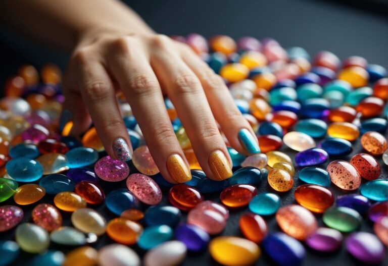 What Is an Overlay for Nails: A hand reaches out to reveal a collection of colorful nail overlays, each with unique designs and patterns