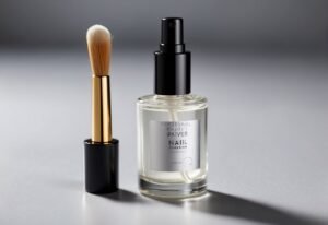 What is Nail Primer: A nail primer bottle sits open on a clean, white surface with a small brush next to it. The label is clear and the liquid inside is translucent