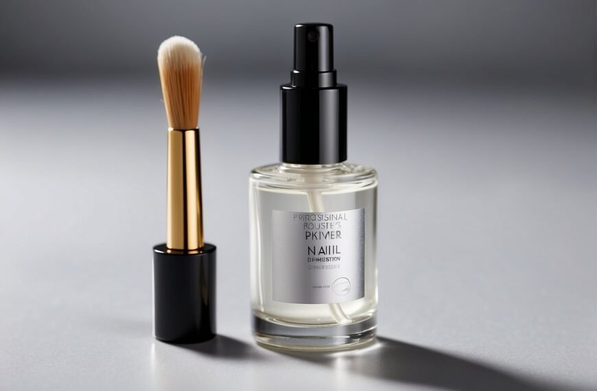 What is Nail Primer: A nail primer bottle sits open on a clean, white surface with a small brush next to it. The label is clear and the liquid inside is translucent