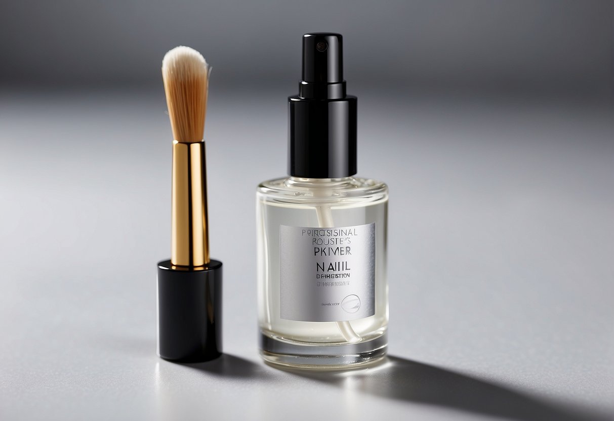What is Nail Primer: A nail primer bottle sits open on a clean, white surface with a small brush next to it. The label is clear and the liquid inside is translucent