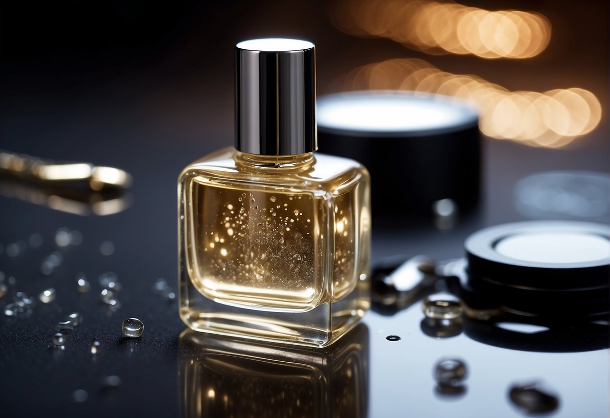 Why Are My Nails Transparent: A clear nail polish bottle sits on a reflective surface, surrounded by translucent nail clippings and a magnifying glass