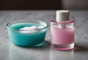 How to Get Hair Dye Off Nails: A bottle of nail polish remover, cotton pads, and a small bowl of warm soapy water on a clean surface