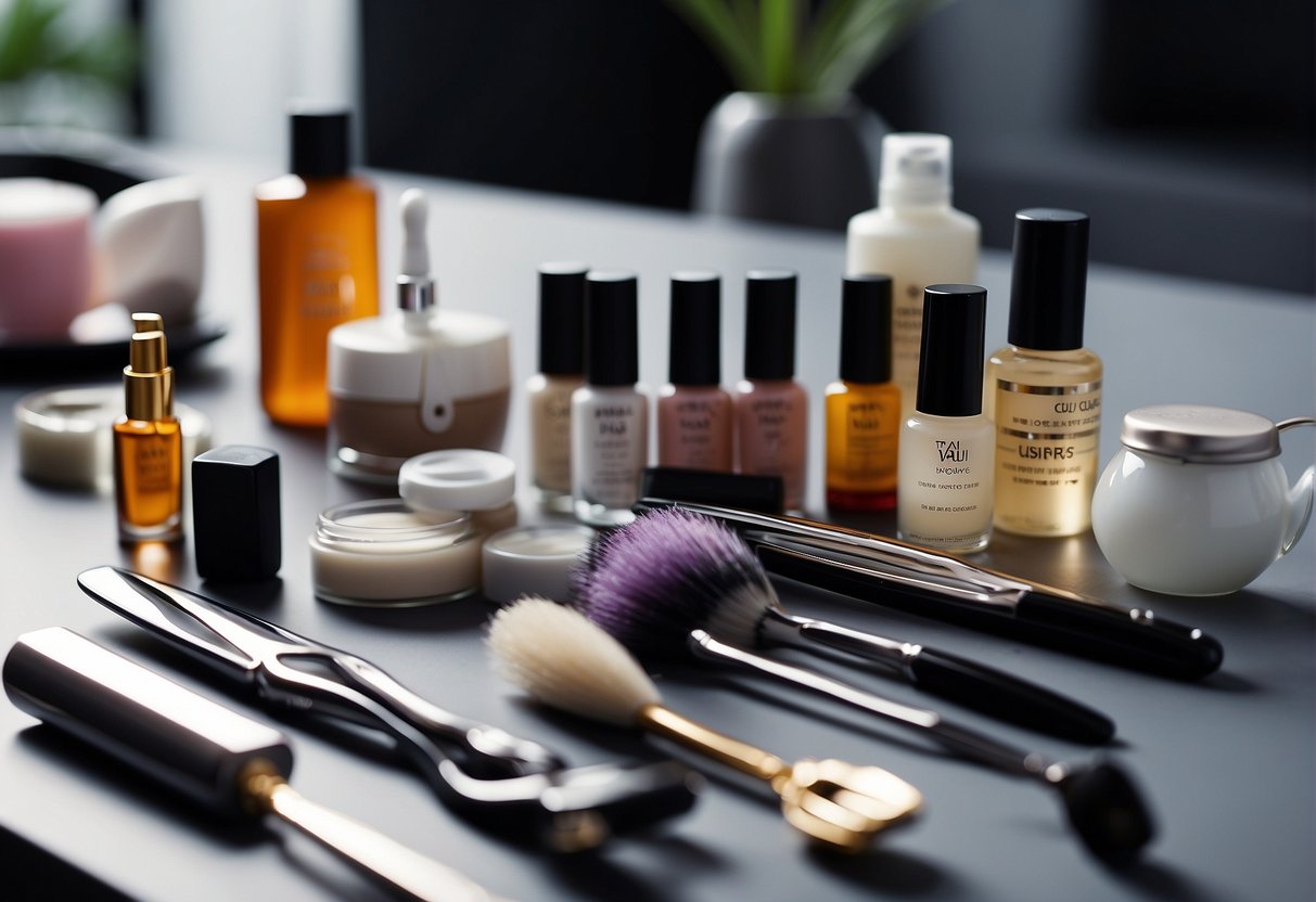 How Long Does It Take to Get Nails Done: A table with various nail care tools and products, including nail polish, files, and cuticle pushers. A timer set to track the time it takes to complete a nail care routine